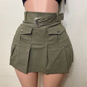 Army khaki green high waisted western buckle pleated mini skirt size small